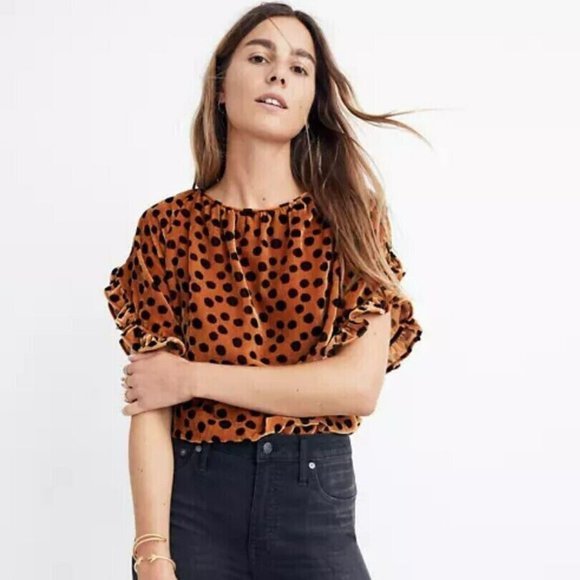 Madewell Memento Velvet Top Orange Brown Polka Dot - Picture 1 of 7